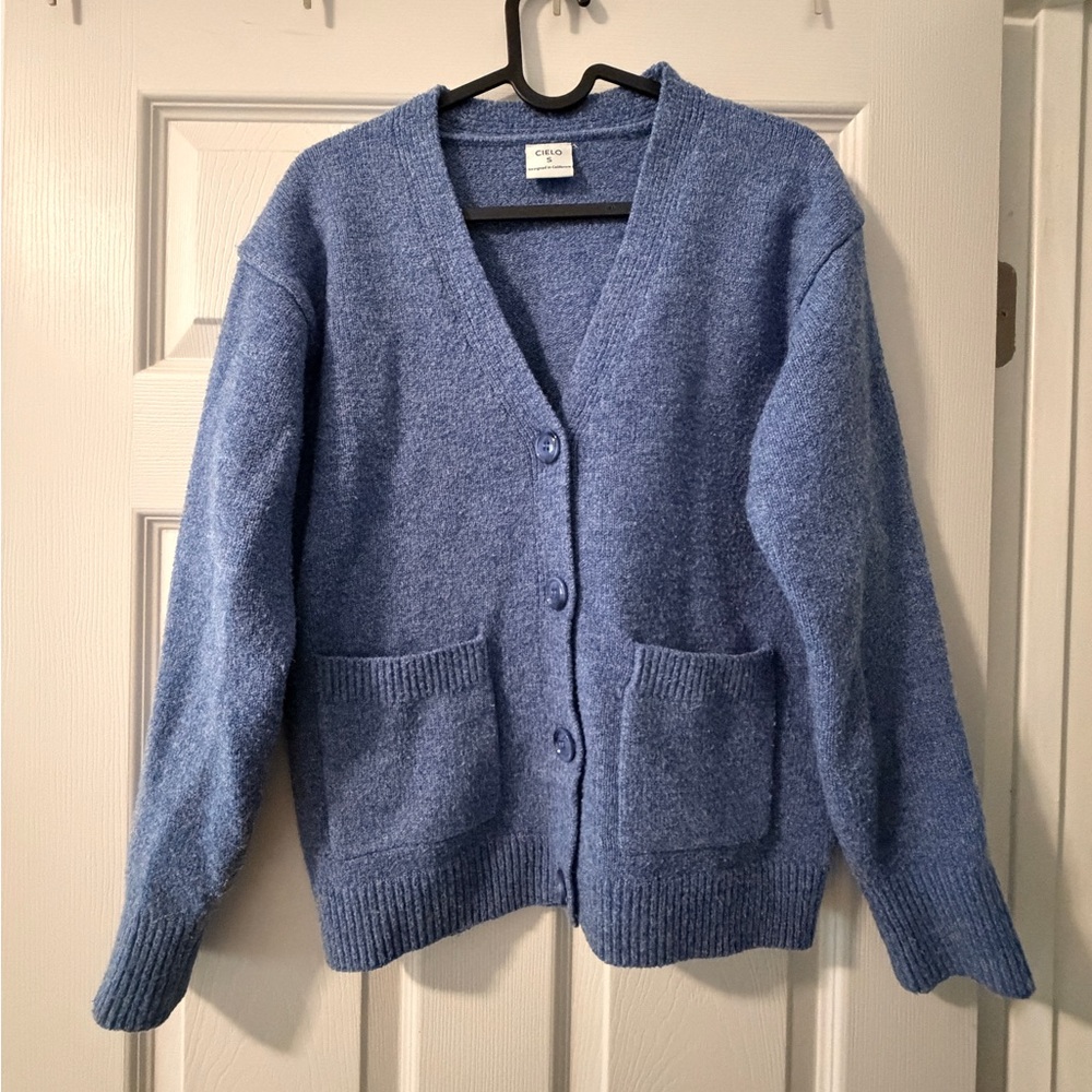 Cielo Soft Blue V-Neck Button Cardigan with Patch Pockets